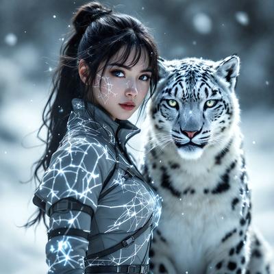 The primary subject of the image is a woman wearing a silver and black outfit, standing next to a white tiger. The setting appears to be a snowy environment, with the woman and the tiger being the main focus of the scene. The visual style of the image is a combination of photo and digital art, creating a unique and captivating scene. The colors in the image are predominantly white and silver, giving the scene a cold and serene atmosphere.